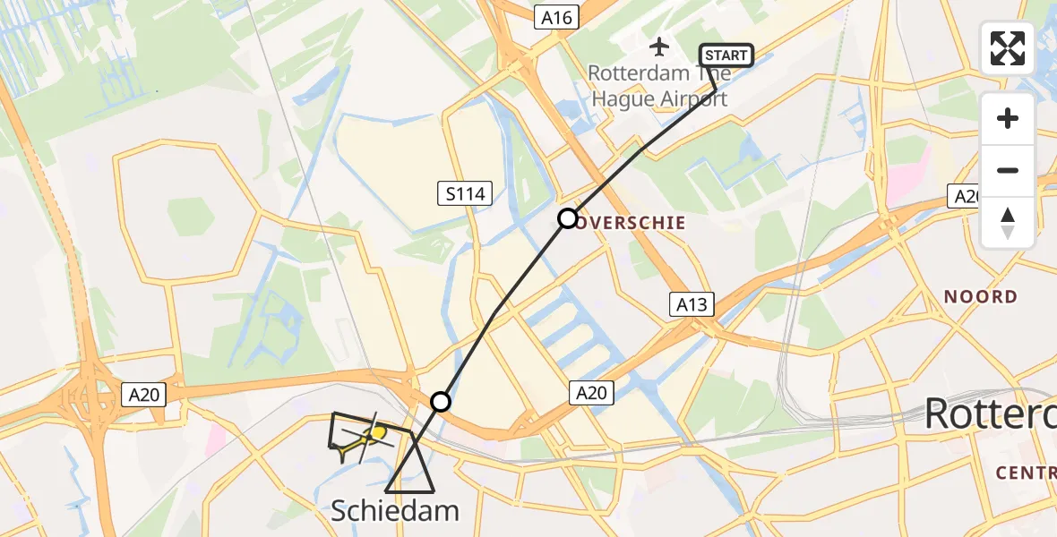 Routekaart van de vlucht: Lifeliner 2 naar Schiedam, Burgemeester Honnerlage Gretelaan