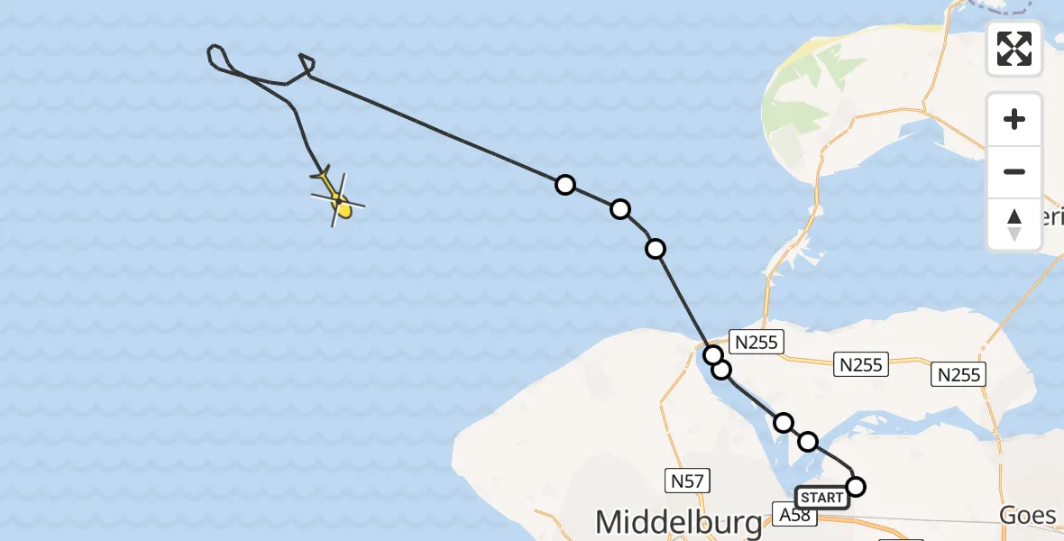 Routekaart van de vlucht: Kustwachthelikopter naar Calandweg