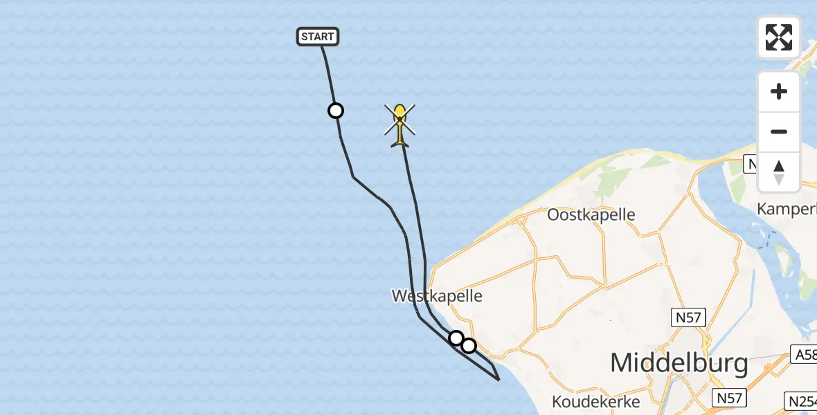 Routekaart van de vlucht: Kustwachthelikopter naar Vlissingen, Strand Zoutelande