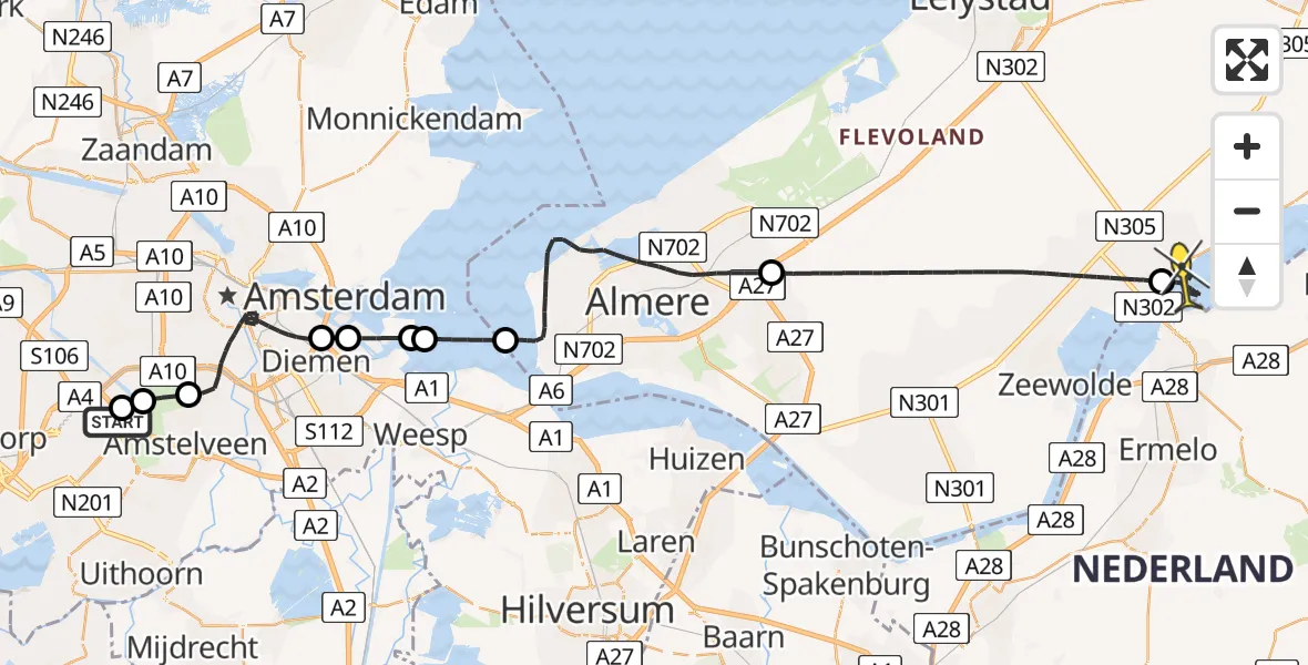 Routekaart van de vlucht: Politieheli naar Biddinghuizen, Zuiderzee op Zuid