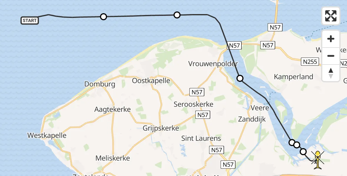Routekaart van de vlucht: Kustwachthelikopter naar Vliegveld Midden-Zeeland, Calandweg