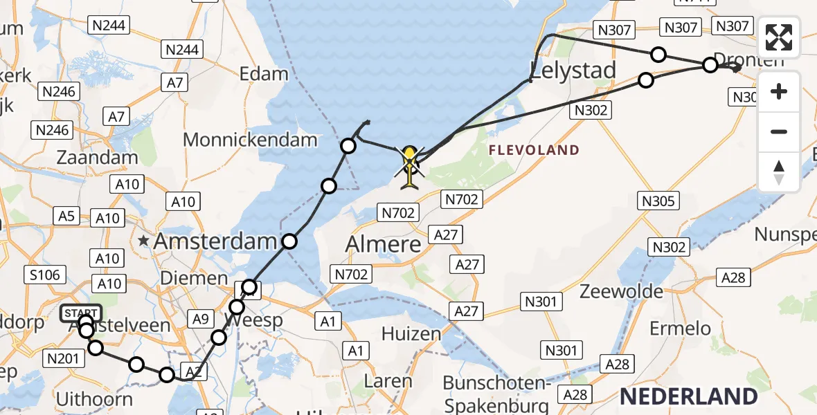 Routekaart van de vlucht: Politieheli naar Almere, Oostvaardersdijk