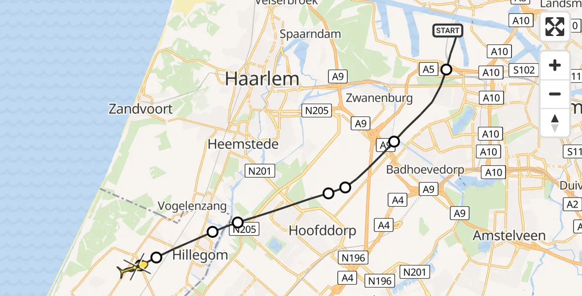Routekaart van de vlucht: Lifeliner 1 naar Noordwijkerhout, Abeelenpark