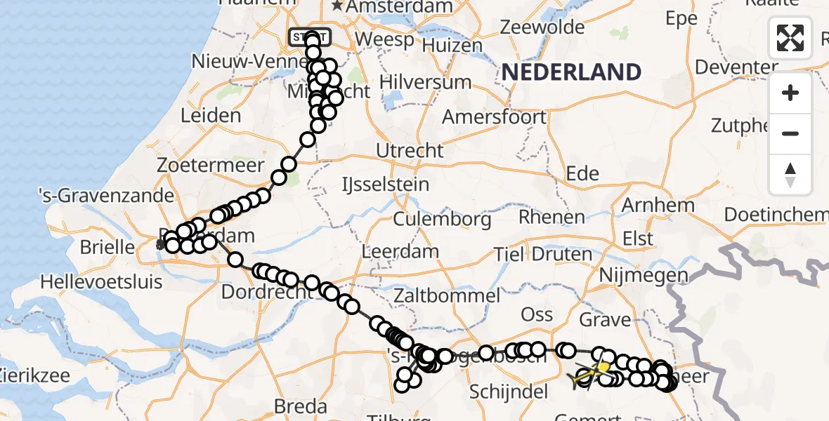 Routekaart van de vlucht: Politiehelikopter naar Vliegbasis Volkel, Zeelandsedijk