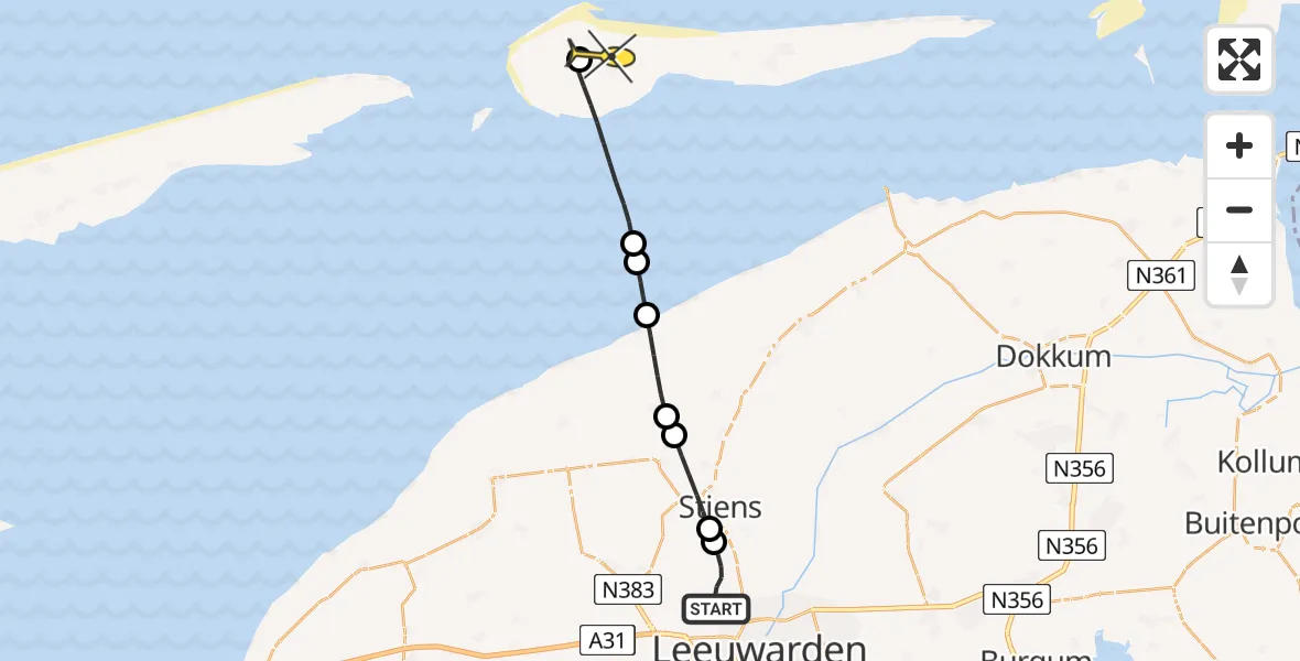 Routekaart van de vlucht: Ambulancehelikopter naar Ameland Airport Ballum, Strandweg