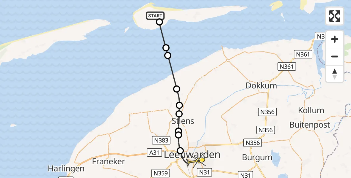 Routekaart van de vlucht: Ambulancehelikopter naar Leeuwarden, Aldlânsdyk