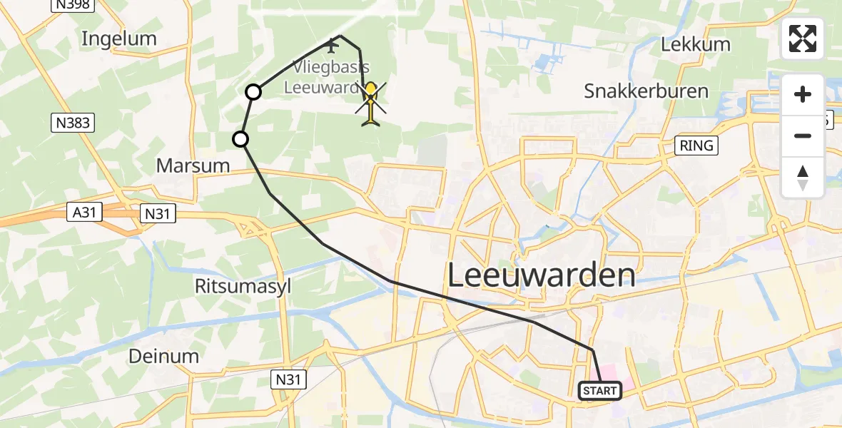 Routekaart van de vlucht: Ambulanceheli naar Vliegbasis Leeuwarden, Keegsdijkje