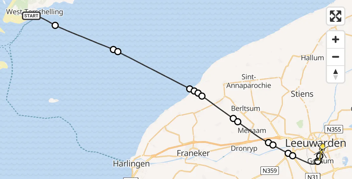 Routekaart van de vlucht: Ambulancehelikopter naar Leeuwarden, Aldlânsdyk