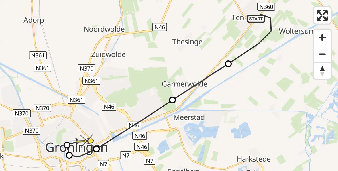 Routekaart van de vlucht: Lifeliner 4 naar Universitair Medisch Centrum Groningen, Oostersingel
