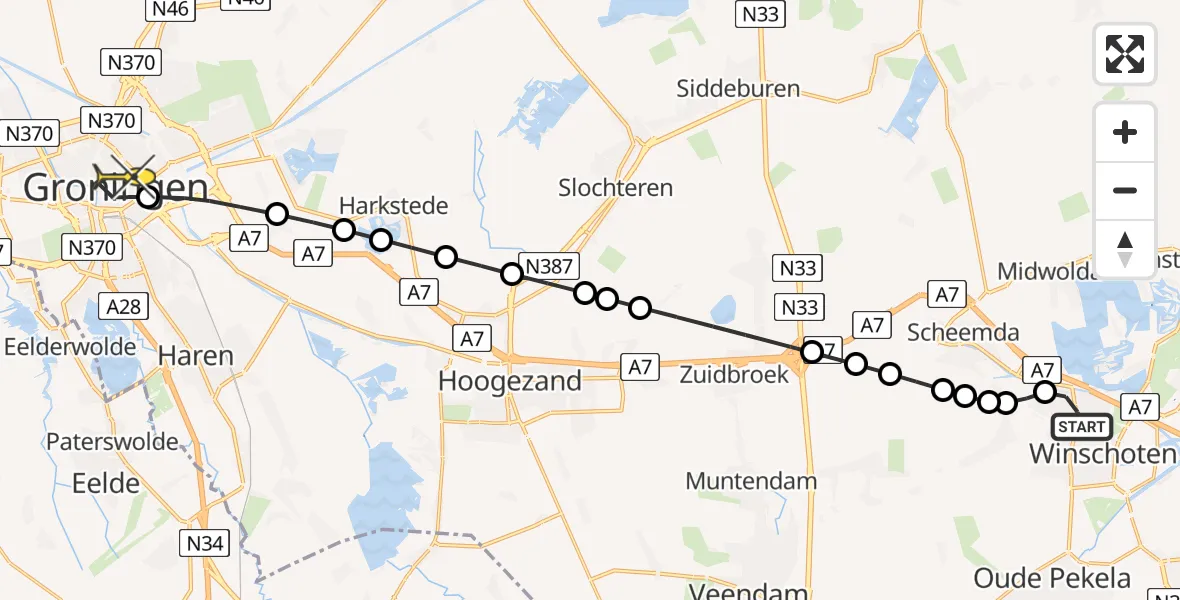 Routekaart van de vlucht: Lifeliner 4 naar Universitair Medisch Centrum Groningen, Kruitgracht