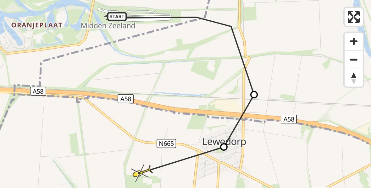 Routekaart van de vlucht: Kustwachthelikopter naar Lewedorp, Dekkersweg