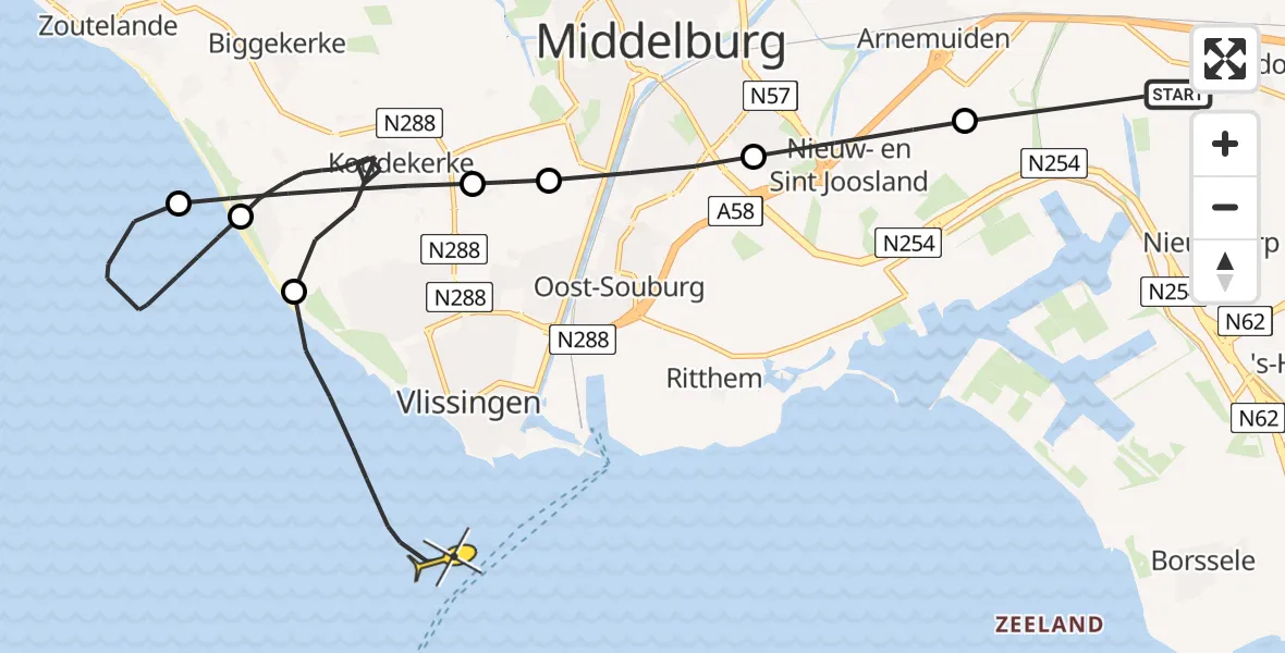 Routekaart van de vlucht: Kustwachthelikopter naar Vlissingen, Westerschelde & Saeftinghe