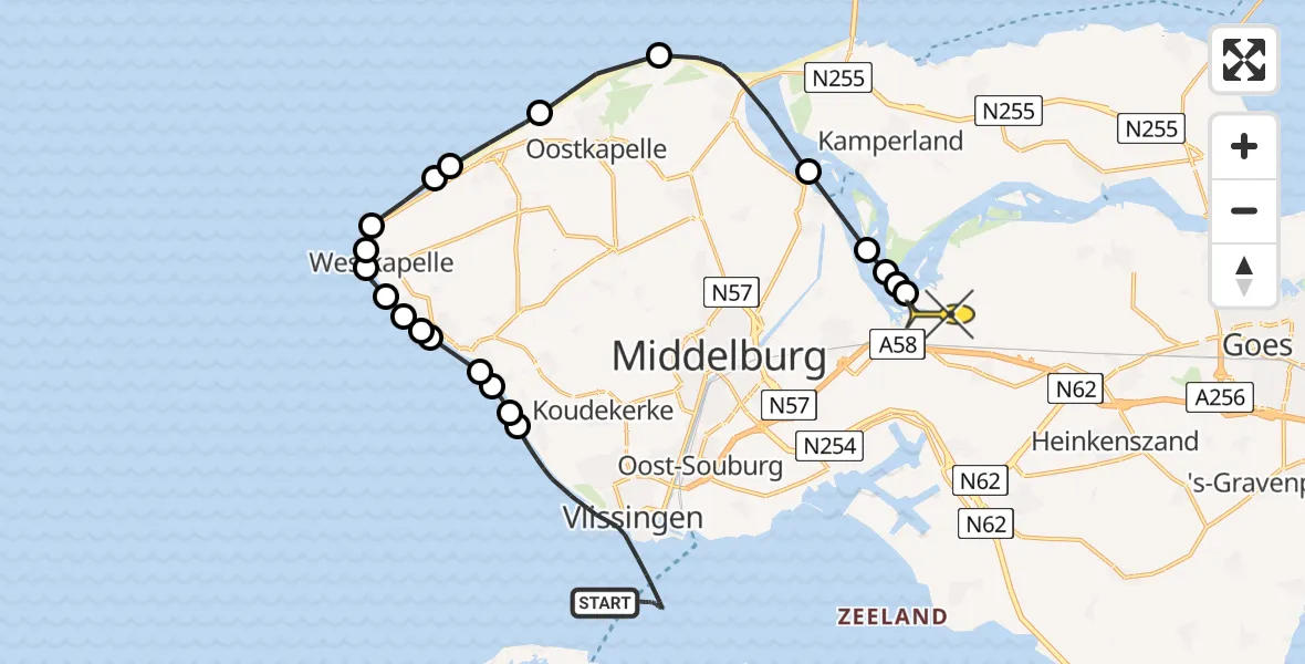 Routekaart van de vlucht: Kustwachthelikopter naar Vliegveld Midden-Zeeland, Calandweg