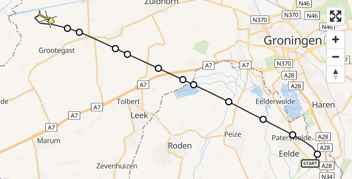 Routekaart van de vlucht: Lifeliner 4 naar Lutjegast, Abel Tasmanweg