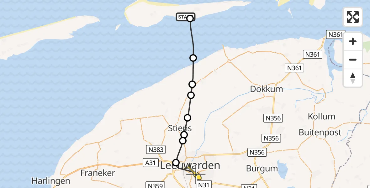 Routekaart van de vlucht: Ambulanceheli naar Leeuwarden, Aldlânsdyk