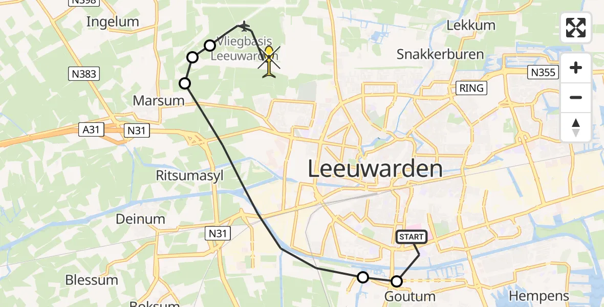 Routekaart van de vlucht: Ambulancehelikopter naar Vliegbasis Leeuwarden, Keegsdijkje
