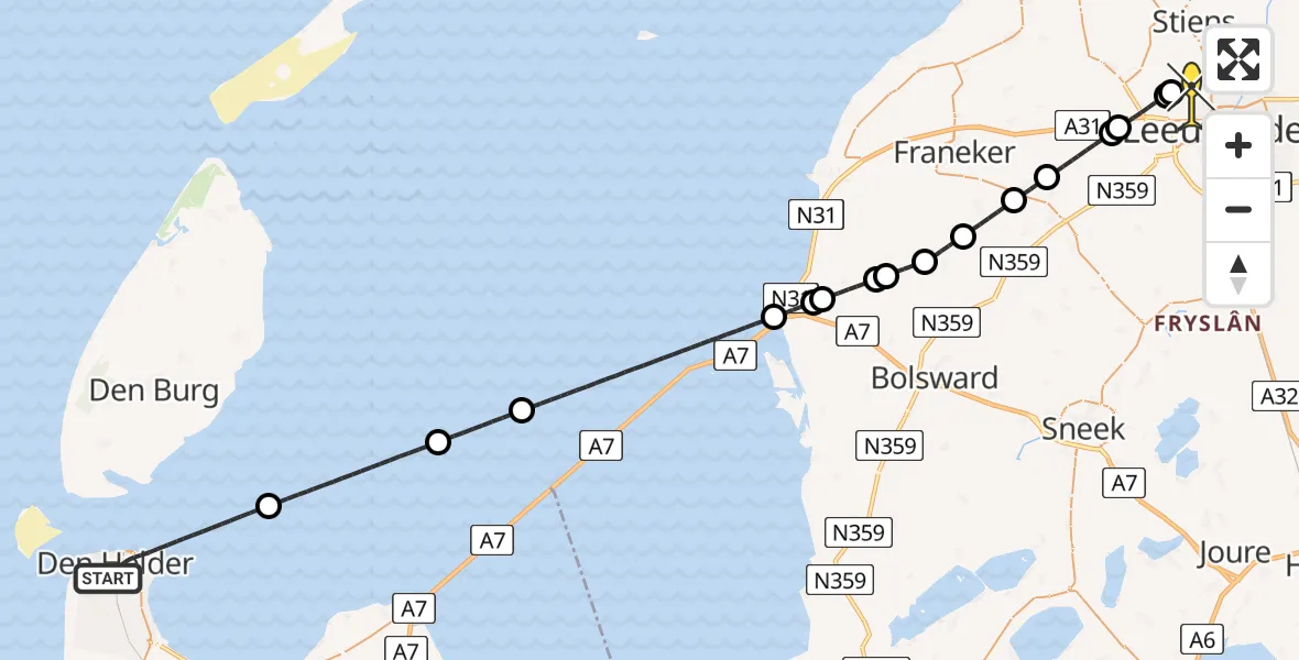Routekaart van de vlucht: Ambulancehelikopter naar Vliegbasis Leeuwarden, Keegsdijkje
