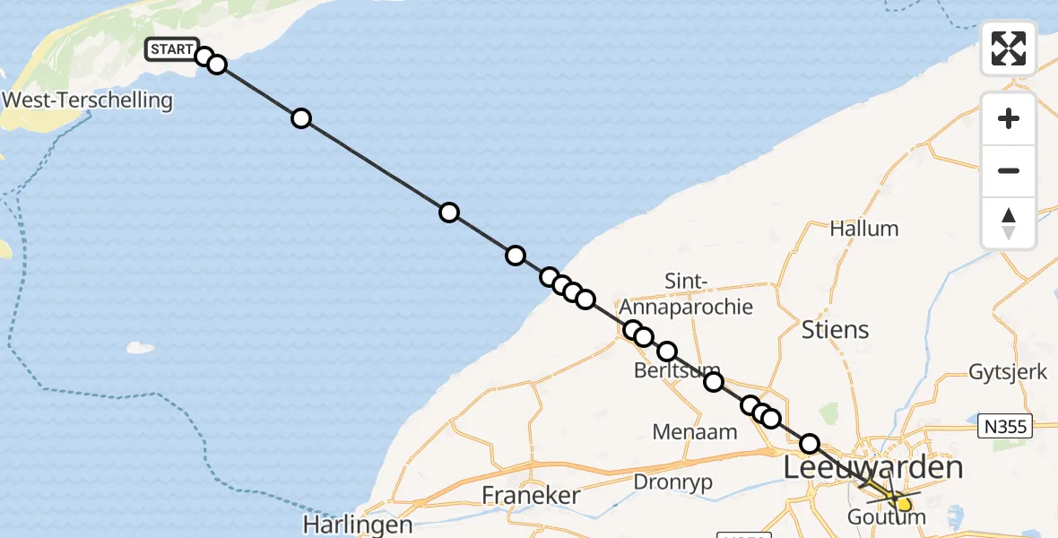 Routekaart van de vlucht: Ambulancehelikopter naar Leeuwarden, Aldlânsdyk