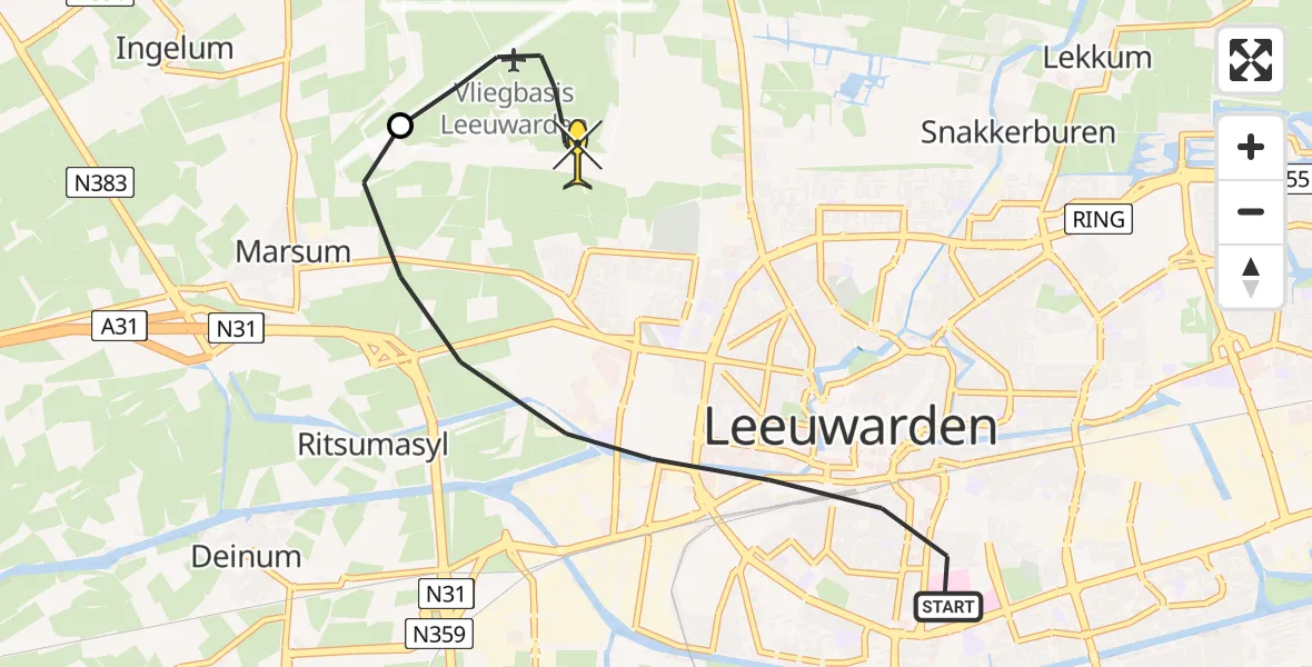Routekaart van de vlucht: Ambulancehelikopter naar Vliegbasis Leeuwarden, Keegsdijkje