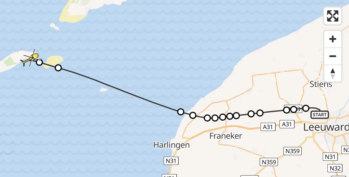 Routekaart van de vlucht: Ambulancehelikopter naar Vlieland Heliport, Havenweg