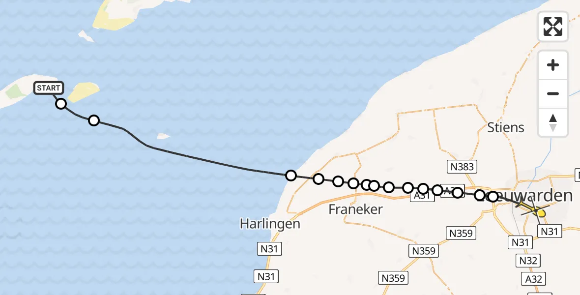 Routekaart van de vlucht: Ambulanceheli naar Leeuwarden, Aldlânsdyk