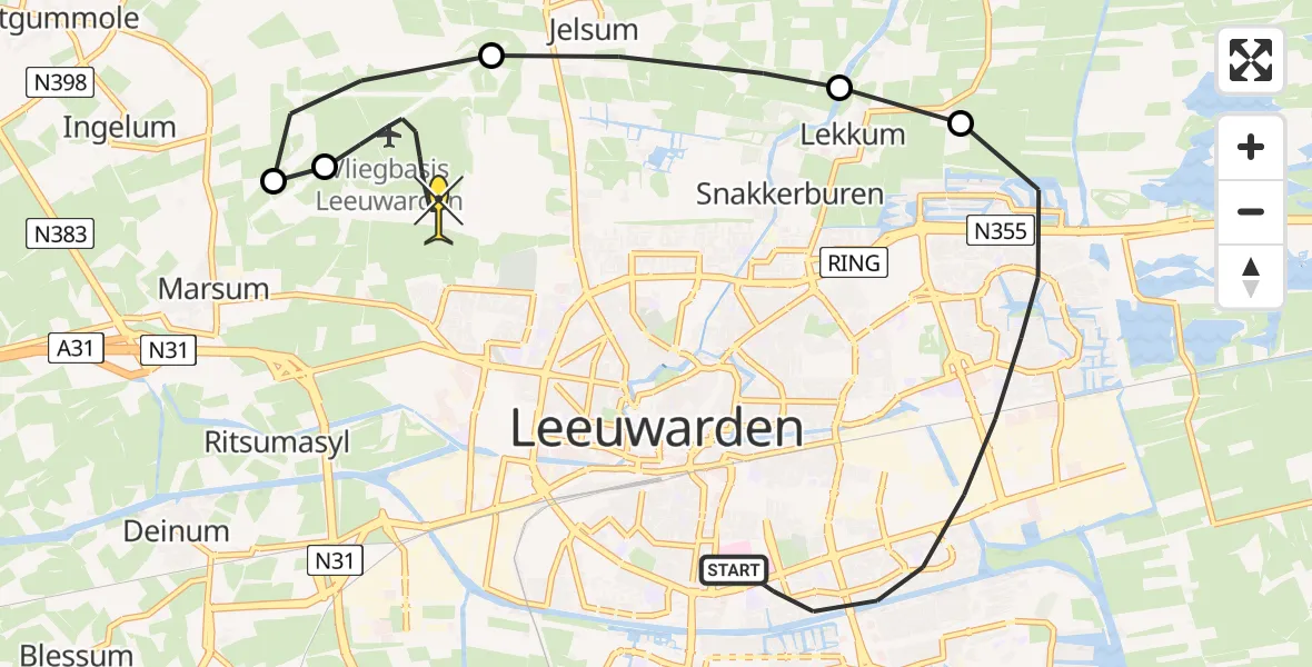 Routekaart van de vlucht: Ambulanceheli naar Vliegbasis Leeuwarden, Keegsdijkje