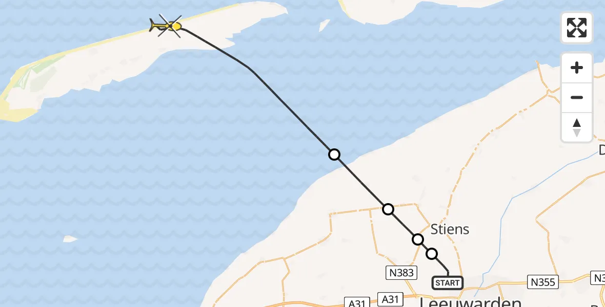 Routekaart van de vlucht: Ambulanceheli naar Oosterend, Badweg Oosterend