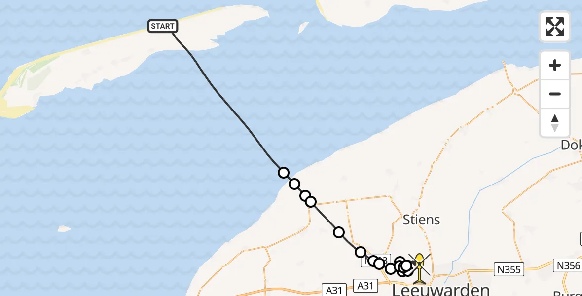 Routekaart van de vlucht: Ambulanceheli naar Vliegbasis Leeuwarden, Keegsdijkje