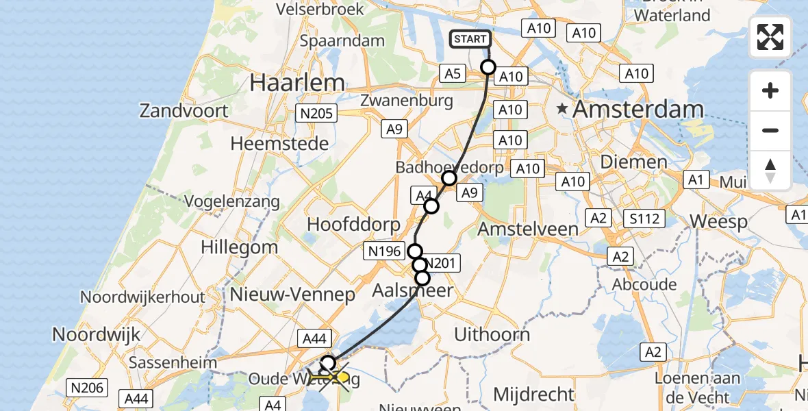 Routekaart van de vlucht: Lifeliner 1 naar Leimuiden, Willem van der Veldenweg