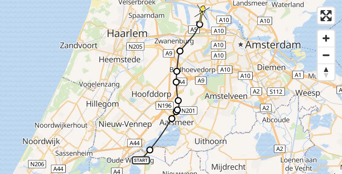 Routekaart van de vlucht: Lifeliner 1 naar Amsterdam Heliport, Hornweg