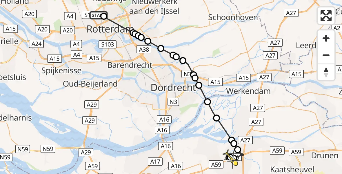 Routekaart van de vlucht: Lifeliner 2 naar Oosterhout, Maasroute