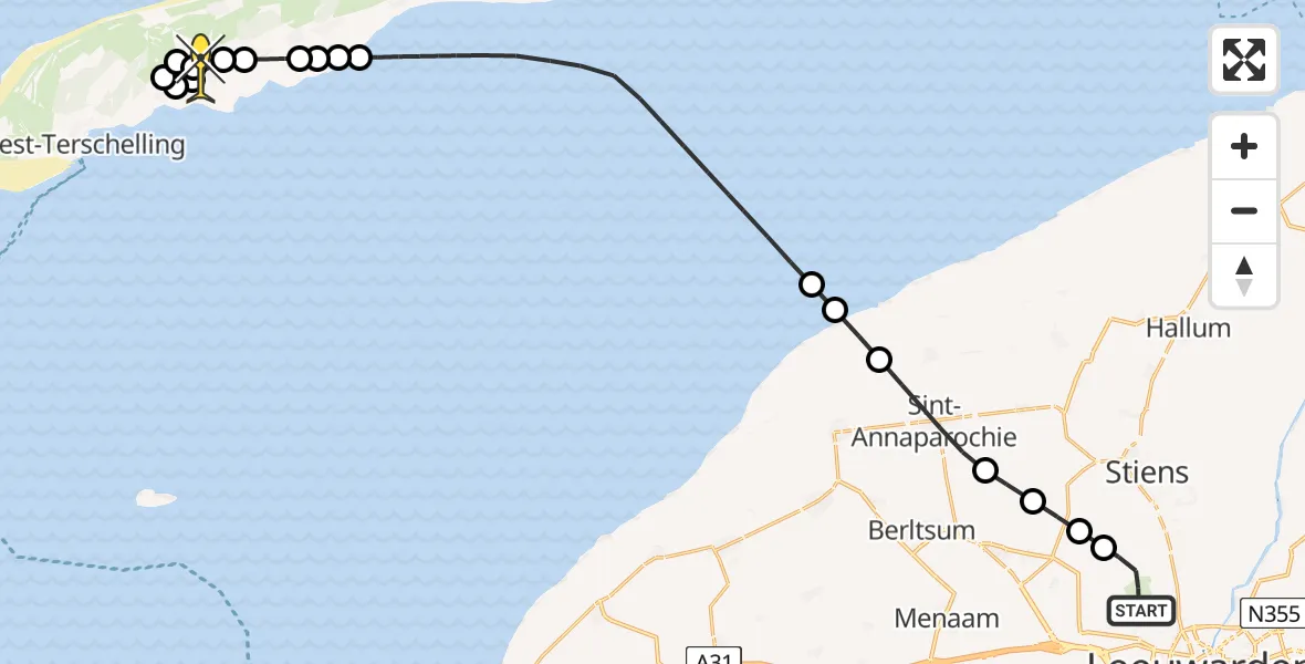 Routekaart van de vlucht: Ambulancehelikopter naar Midsland, Kallandspad