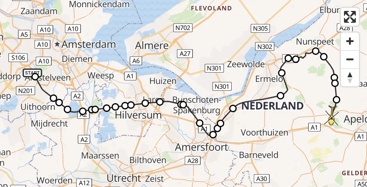 Routekaart van de vlucht: Politieheli naar Hoog Soeren, Amersfoortseweg