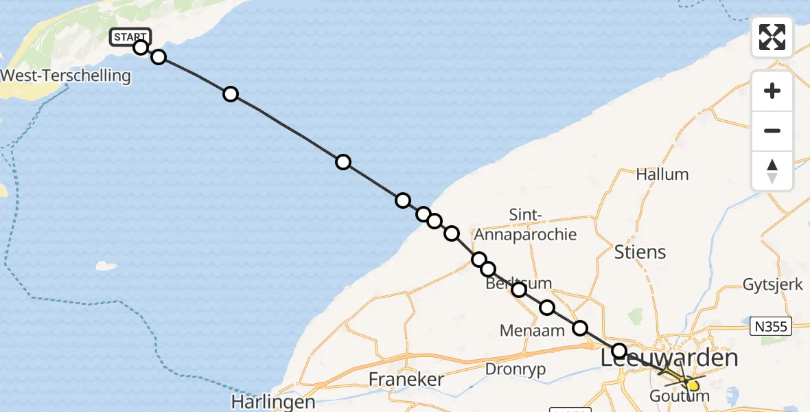 Routekaart van de vlucht: Ambulancehelikopter naar Leeuwarden, Aldlânsdyk