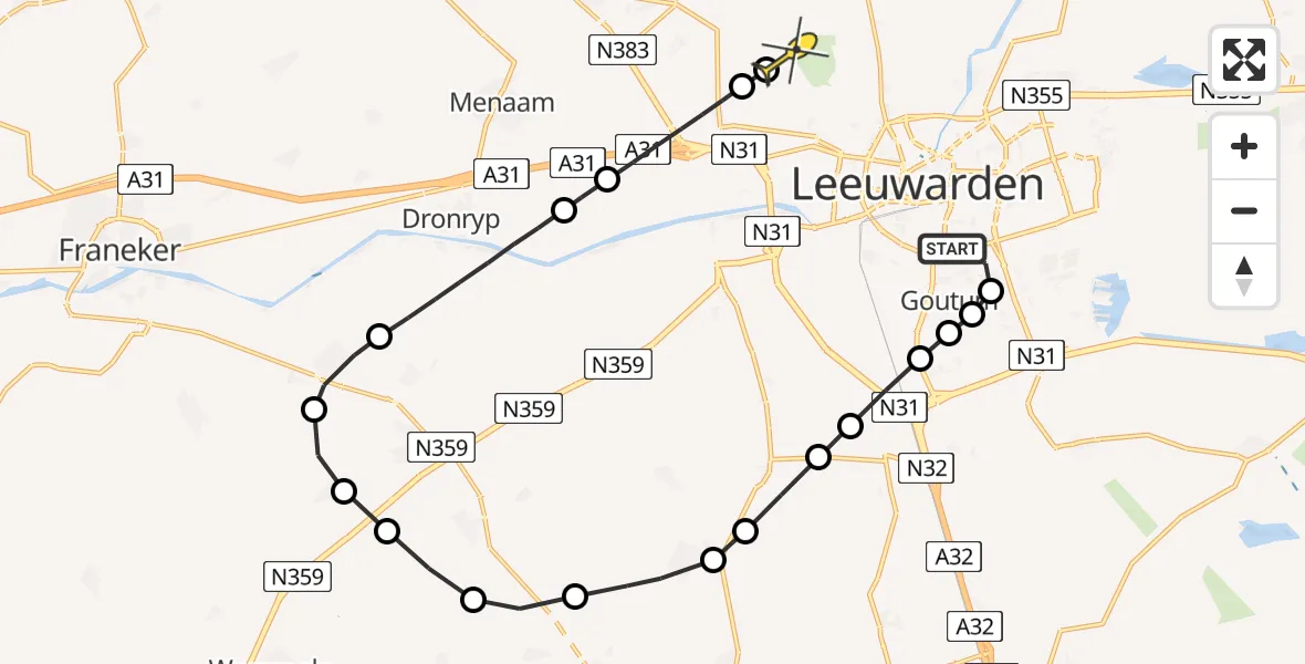 Routekaart van de vlucht: Ambulanceheli naar Vliegbasis Leeuwarden, Keegsdijkje