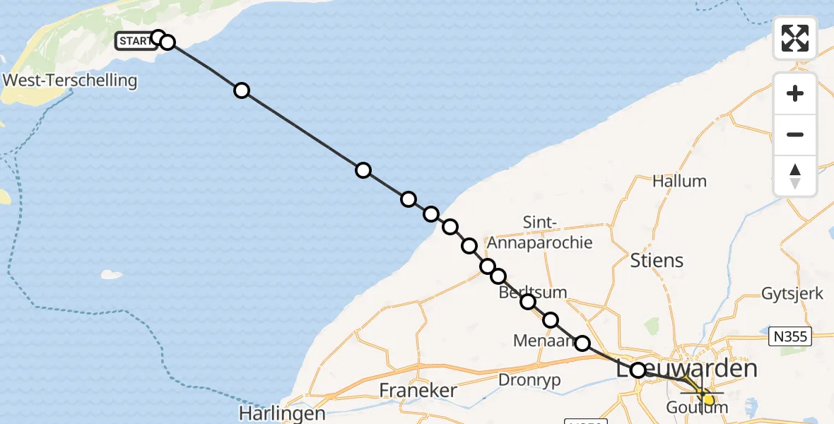 Routekaart van de vlucht: Ambulanceheli naar Leeuwarden, Aldlânsdyk