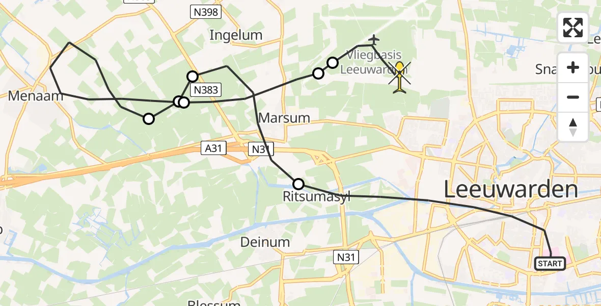 Routekaart van de vlucht: Ambulancehelikopter naar Vliegbasis Leeuwarden, Keegsdijkje
