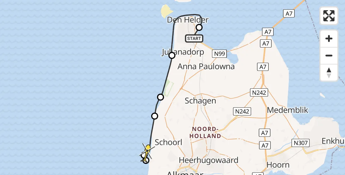 Routekaart van de vlucht: Kustwachthelikopter naar Bergen aan Zee, Oostoeverweg