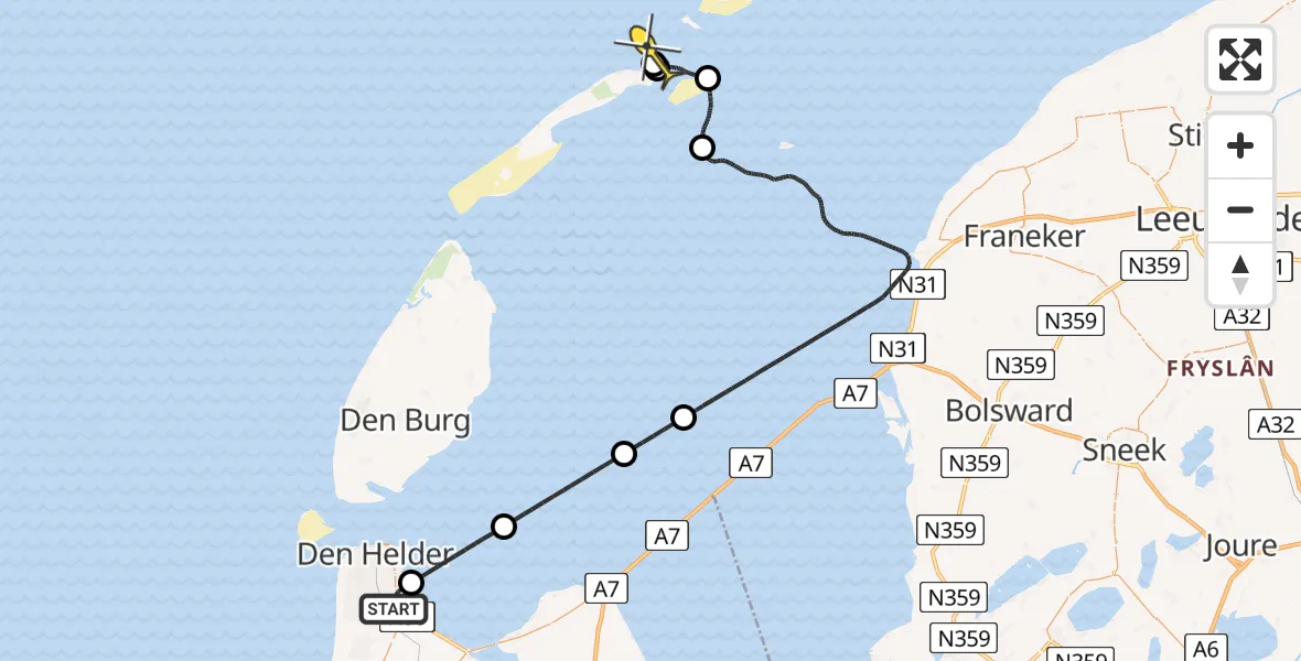 Routekaart van de vlucht: Kustwachthelikopter naar Vlieland, Zuider Stortemelk