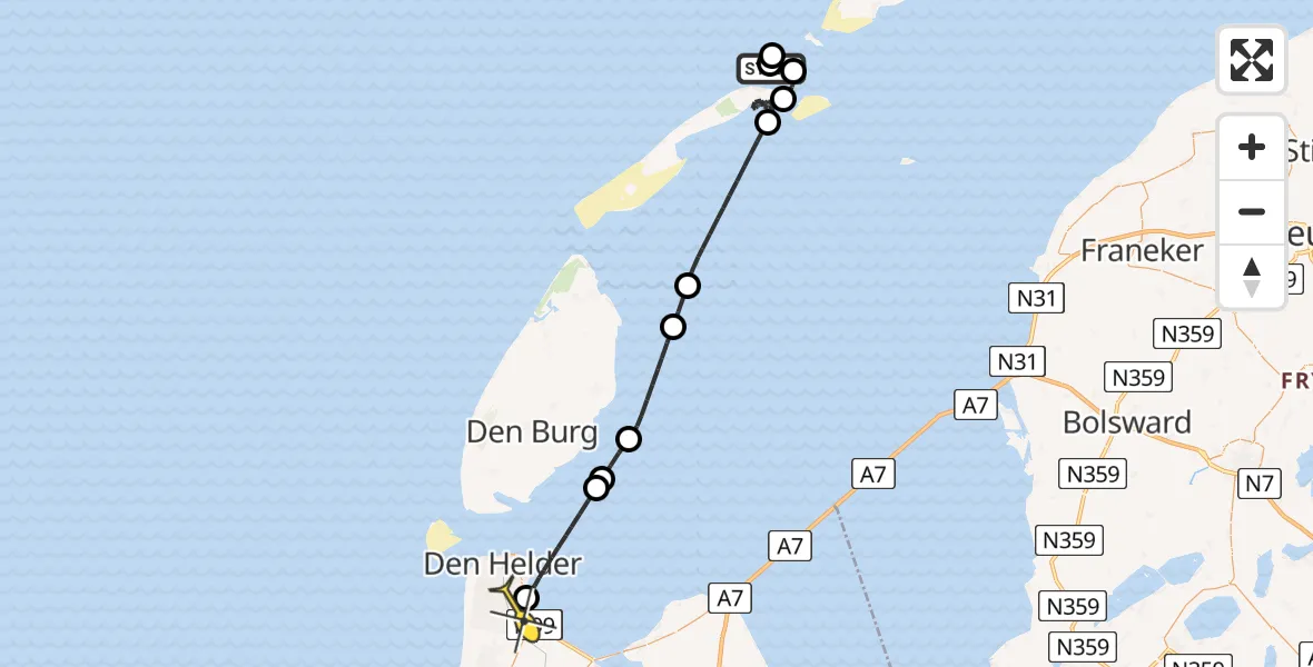 Routekaart van de vlucht: Kustwachthelikopter naar Vliegveld De Kooy, Luchthavenweg