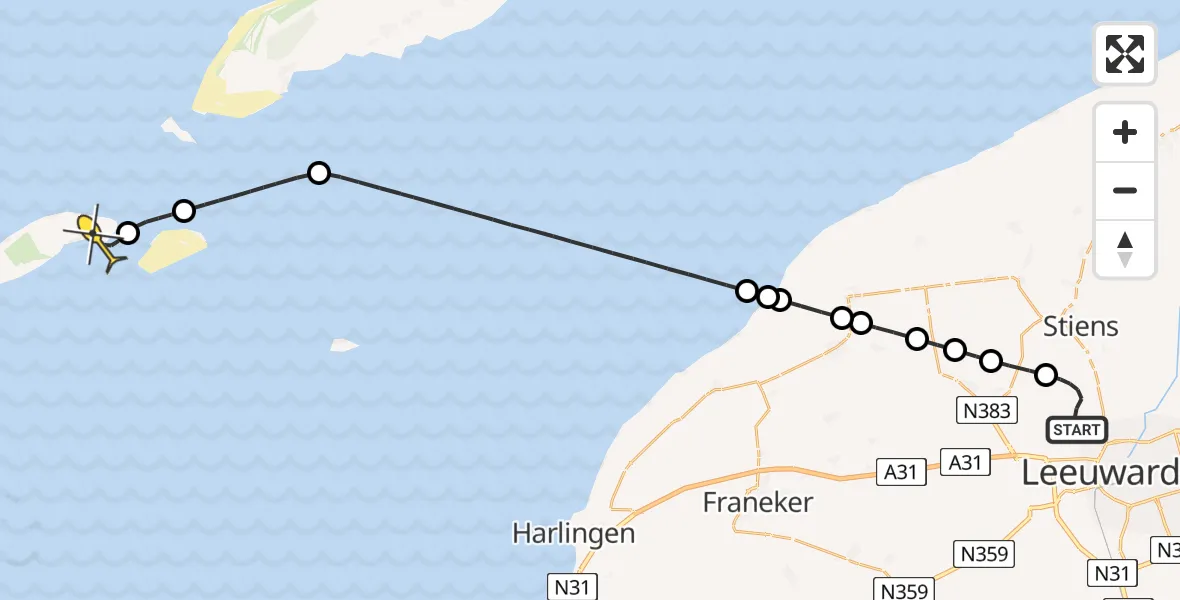 Routekaart van de vlucht: Ambulancehelikopter naar Vlieland Heliport, Havenweg