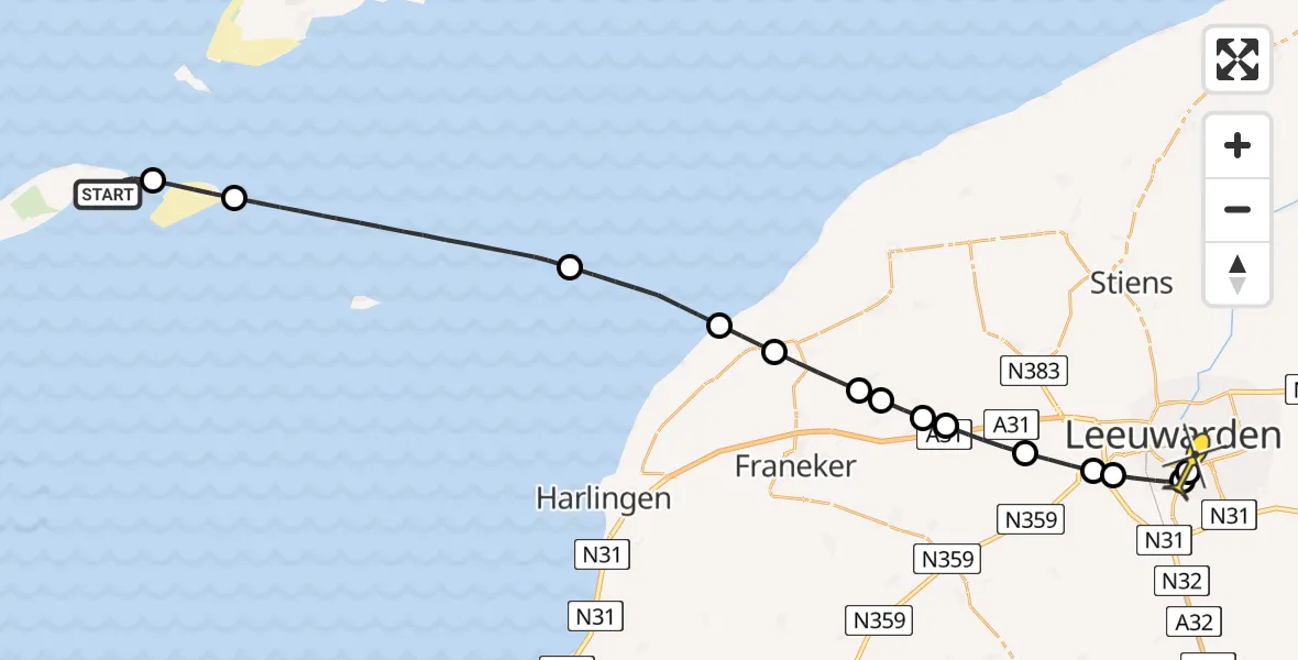 Routekaart van de vlucht: Ambulanceheli naar Leeuwarden, Aldlânsdyk