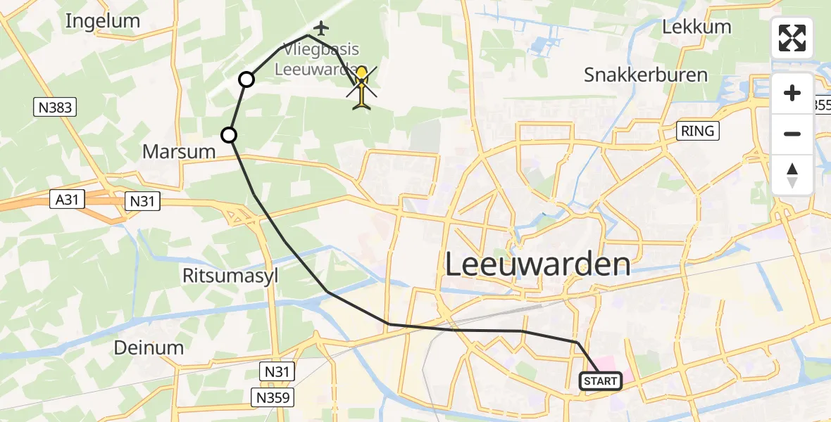 Routekaart van de vlucht: Ambulancehelikopter naar Vliegbasis Leeuwarden, Keegsdijkje