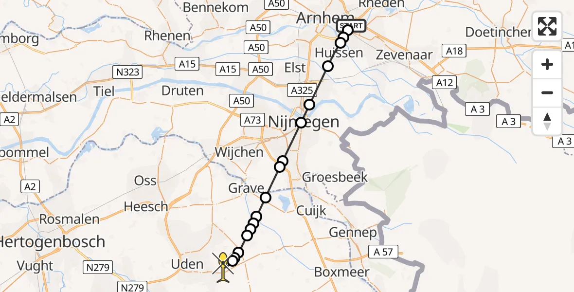 Routekaart van de vlucht: Lifeliner 3 naar Vliegbasis Volkel, Zeelandsedijk
