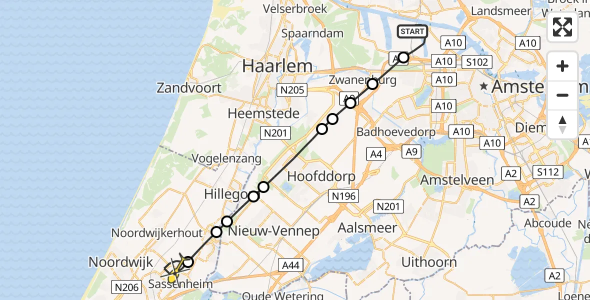 Routekaart van de vlucht: Lifeliner 1 naar Voorhout, Oude Herenweg
