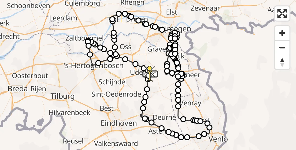 Routekaart van de vlucht: Politieheli naar Vliegbasis Volkel, Den Drul