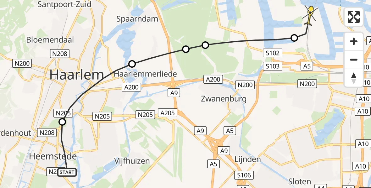 Routekaart van de vlucht: Lifeliner 1 naar Amsterdam Heliport, Hornweg