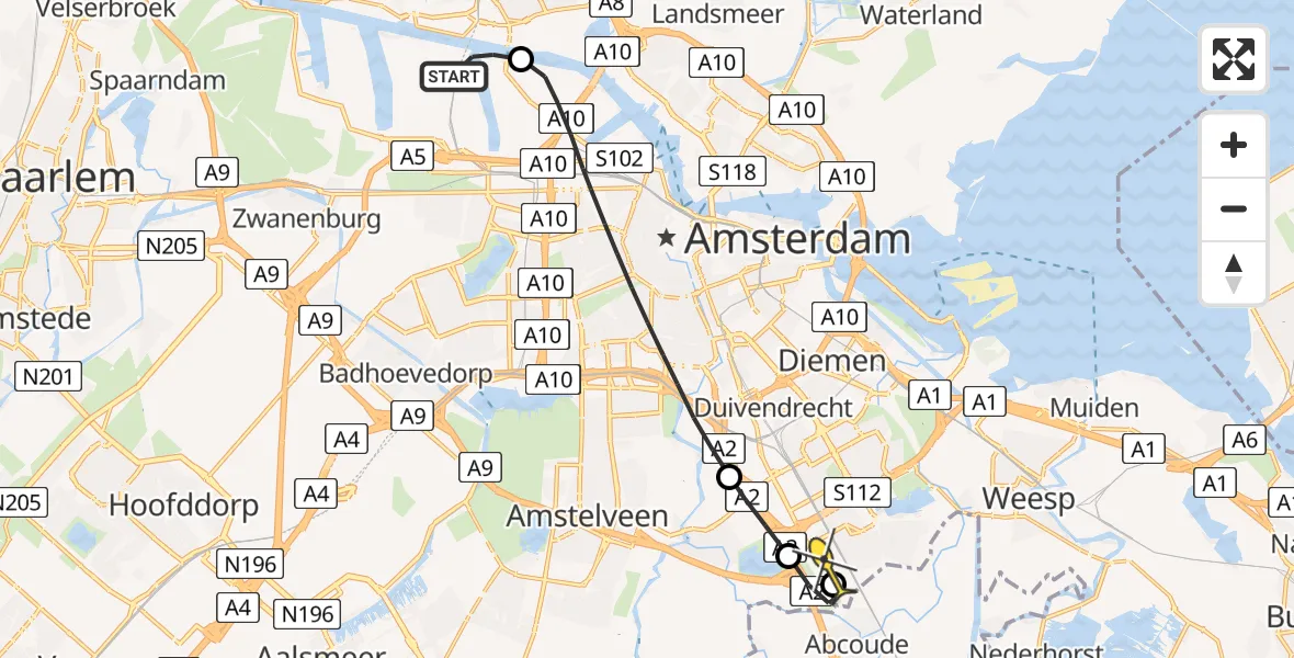 Routekaart van de vlucht: Lifeliner 1 naar Academisch Medisch Centrum (AMC), Helipad