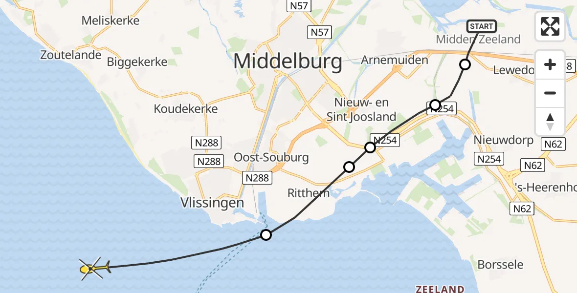 Routekaart van de vlucht: Kustwachthelikopter naar Vlissingen, Postweg