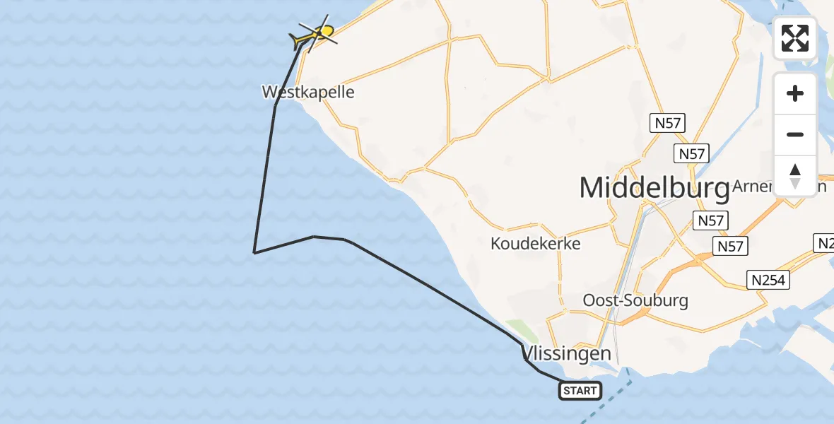 Routekaart van de vlucht: Kustwachthelikopter naar Vlissingen, Noorderhoofdweg